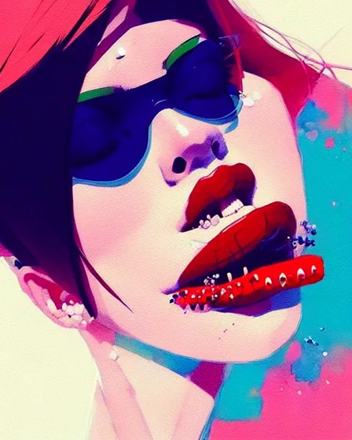 Image similar to a ultradetailed beautiful panting of a stylish woman with pills in her mouth, by conrad roset, greg rutkowski and makoto shinkai, trending on artstation