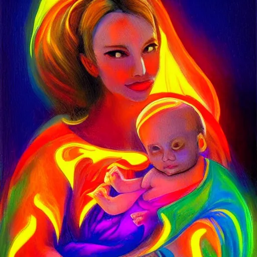 Image similar to beautiful woman cradling her child made of colorful fire by stanley lau, elegant, colorful, loving