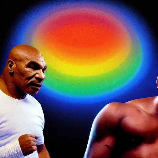 Prompt: mike tyson fighting nathan lane rainbow photograph