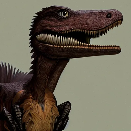 Image similar to cute velociraptor with feather, pet, realistic, digital art, ray traced, octane render