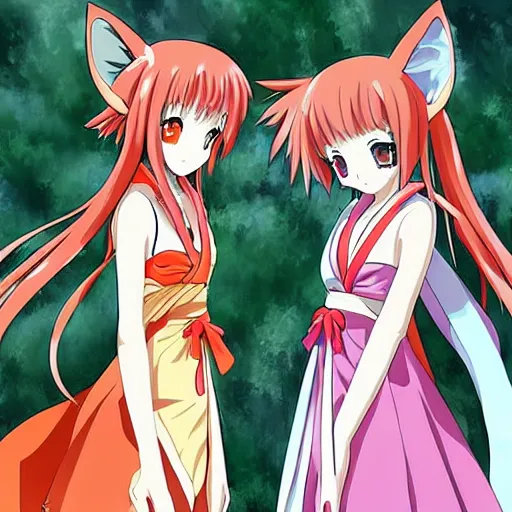 Prompt: a scene of two anime fox girls in kimonos standing face to face, detailed anime art