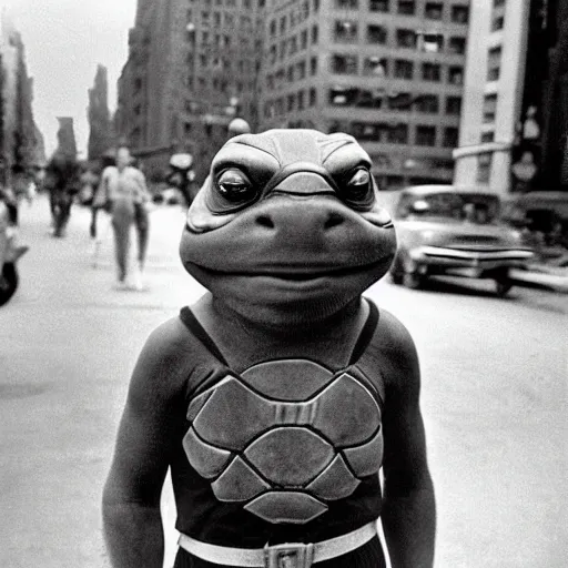 Image similar to Beautiful Portrait Photograph from 1950s of a ninja turtle in the middle of a New York street,