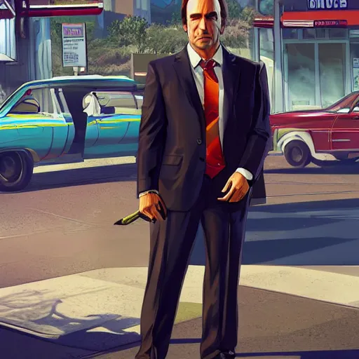Prompt: saul goodman in GTA V, cover art by stephen Bliss, artstation, no text