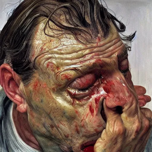 Prompt: high quality high detail painting by lucian freud, hd, man crying blood, pastel colors, photorealistic lighting