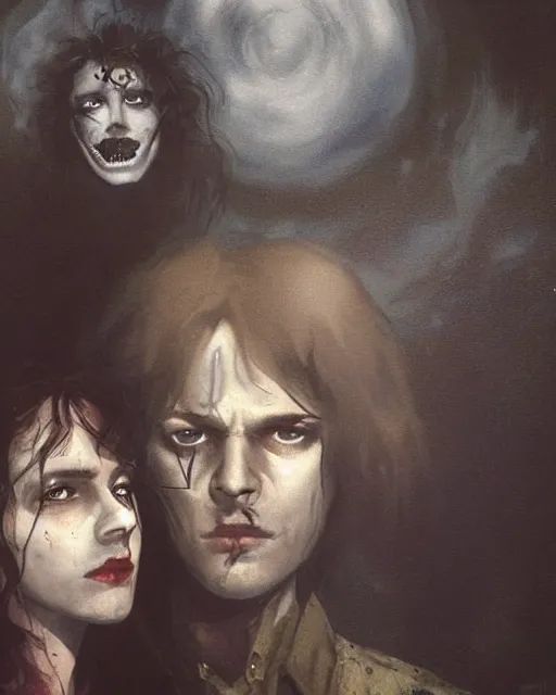 Prompt: two handsome but sinister, creepy young nonbinary people in layers of fear, with haunted eyes and wild hair, 1 9 7 0 s, seventies, wallpaper, a little blood, moonlight showing injuries, delicate embellishments, painterly, offset printing technique, by john howe, brom, robert henri, walter popp