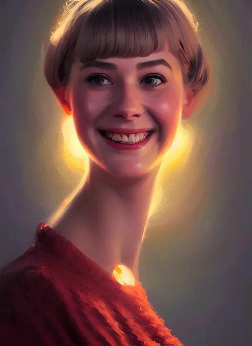 Image similar to portrait of betty cooper, smiling kindly, bangs, 1 9 6 0 s, intricate, elegant, glowing lights, highly detailed, digital painting, artstation, concept art, smooth, sharp focus, illustration, art by wlop, mars ravelo and greg rutkowski