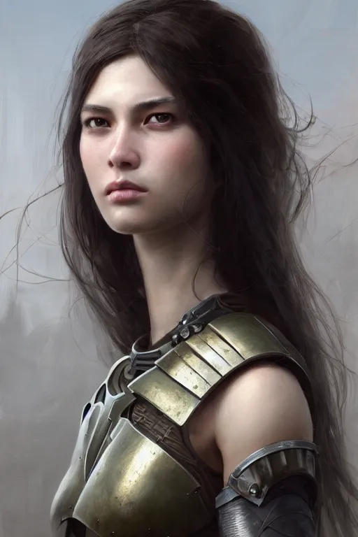 Image similar to a photorealistic painting of an attractive young girl, partially clothed in battle armor, olive skin, long dark hair, beautiful bone structure, symmetrical face, perfect eyes, intricate, elegant, digital painting, concept art, illustration, sharp focus, minimal artifacts, from Metal Gear, in the style of Ruan Jia and Mandy Jurgens, by Greg Rutkowski, trending on Artstation, award winning