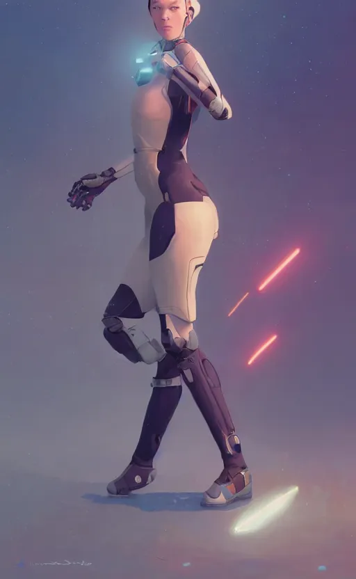 Image similar to sci fi female character, muted colored bodysuit, sci-fi large mechanical boots that go up to the thigh, soft lighting, wojtek fus, by Makoto Shinkai and Ilya Kuvshinov,