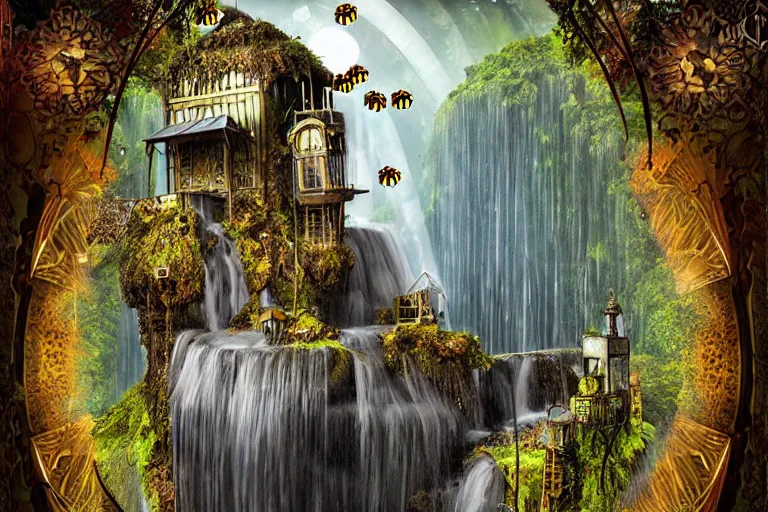 Prompt: gothic waterfall favela honeybee hive, art nouveau environment, godbeams, industrial factory, award winning art, epic dreamlike fantasy landscape, ultra realistic,