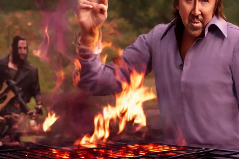 Prompt: Nicolas cage in barbie grilling high resolution still film