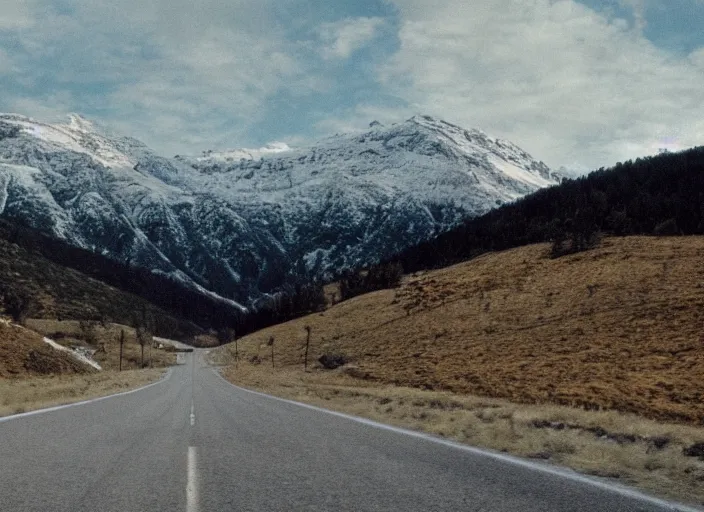 Image similar to A very high resolution image from a new movie, landscape from a car window , mountains, snowy, snowy mountains, Polaroid, directed by wes anderson