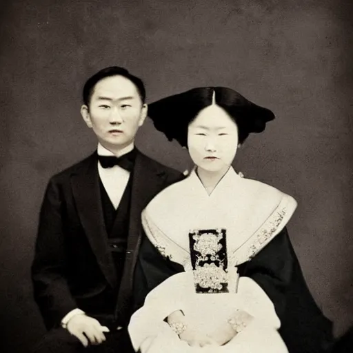Image similar to A close up shot, colored black and white Russian and Japanese mix historical fantasy a photograph portrait taken at the empress and emperor's royal wedding breakfast, photographic portrait, warm lighting, 1907 photo from the official wedding photographer for the royal wedding.