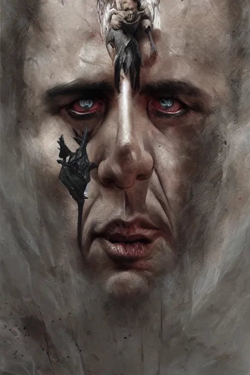 Prompt: Angel Nicolas Cage face with nimbus, dark fantasy, intricate, highly detailed, smooth, artstation, painted by Wayne Barlowe, Greg Rutkowski, zdislav beksinski, Francis Bacon