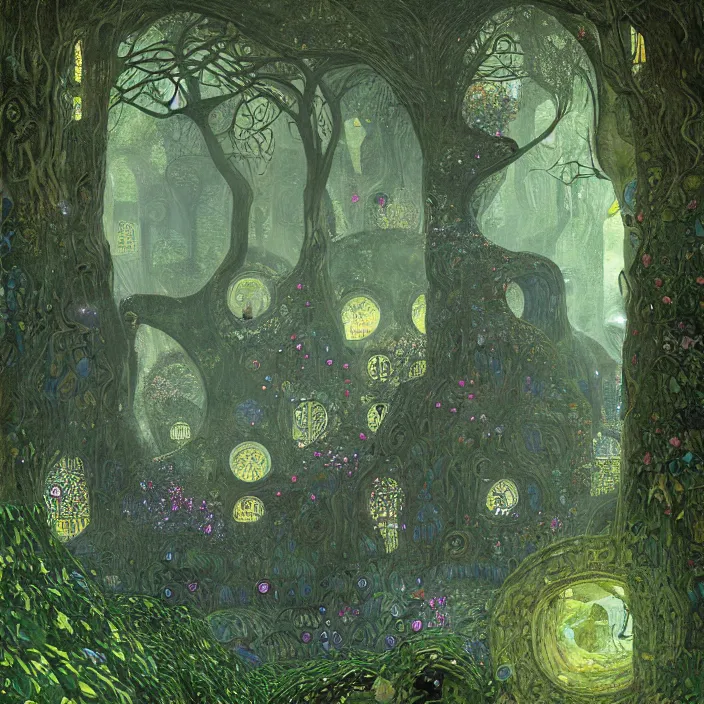 Prompt: ancient overgrown! ruins, medieval gates, runestones, mysetrious etherial mesmerizing runic!! cat eyes, magical elven geometry, concept art by gustav klimt!!, deviantart contest winner, environmental art, fairy circle, lit by moonlight!!, high detail, intricate masterpiece