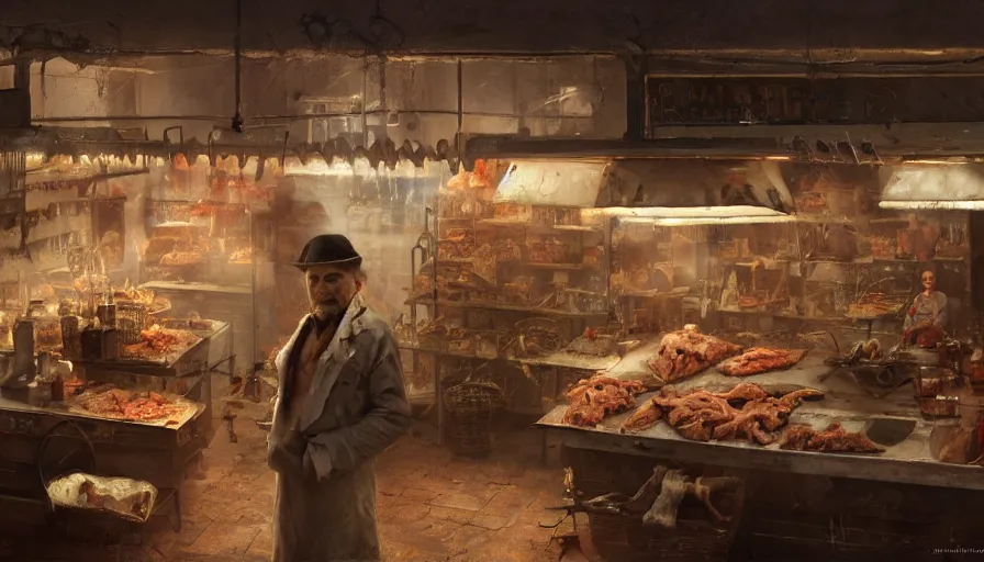 Prompt: a cannibal butcher shop that sells human flesh, digital painting, artstation, concept art, Craig Mullins, Breathtaking, 8k resolution, extremely detailed, beautiful, establishing shot, artistic, hyperrealistic, octane render, cinematic lighting, dramatic lighting, masterpiece, light brazen, extremely detailed and beautiful face