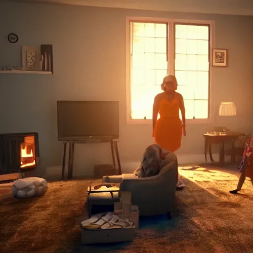 Image similar to a woman standing in a living room next to a fire, concept art by gregory crewdson, reddit contest winner, video art, movie still, colorized, playstation 5 screenshot