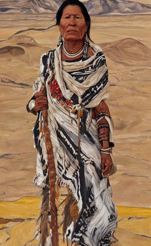 Image similar to full body shot picture of indigenous people woman leader in desert, painted by lucian freud, hd, super detailed, realistic, muted colors