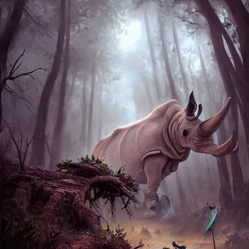 Image similar to a painting of a rhino and a skeleton in a forest, a detailed matte painting by marc simonetti, behance contest winner, fantasy art, matte painting, concept art, matte drawing. masterpiece