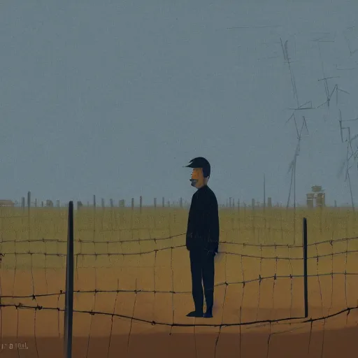 Prompt: a dystopian matte painting of a scared man standing in front of a fence with barbed wire, clouded sky by emiliano ponzi, james gilleard, george ault, david hockney, atey ghailan, albert namatjira, marius borgeaud, minimalist, bauhaus, retrofuturism, concept art, matte background, matte drawing, generative art