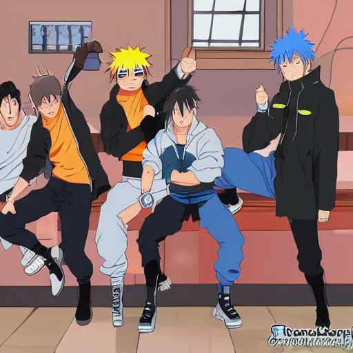 Image similar to a group of guys, named lampova hanging out in pub in the style of the anime naruto