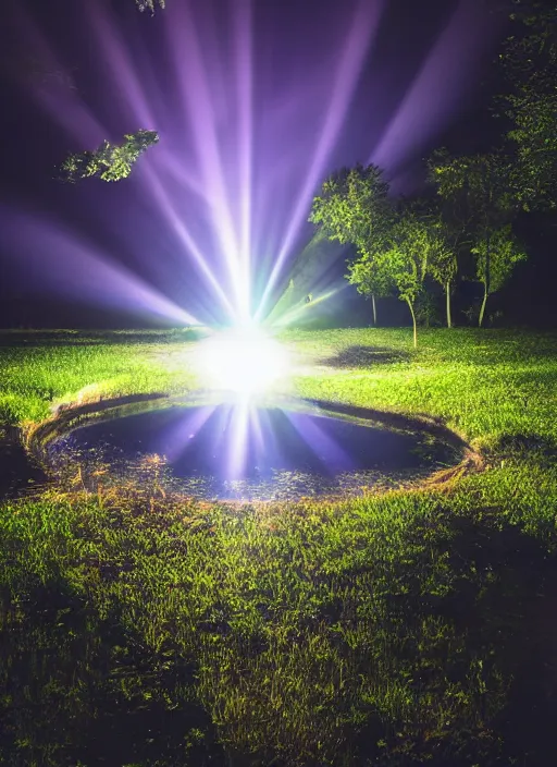 Image similar to photography at night of an ethereal pond, a central sunlight glare, mystical lights, cyber futuristic lights in the sky, masterpiece, epic, cinematic, hyperealistic photo, high detailed, flashlight at night