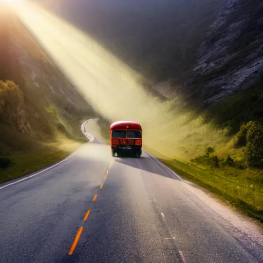 Prompt: bus on misty highway scene, the sun shining through the mountains