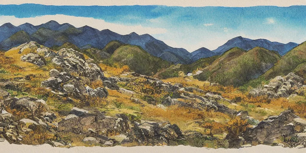 Image similar to grand landscape of rocky hills, art by kotaro chiba