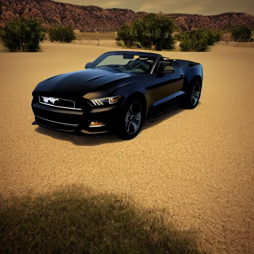 Prompt: black ford mustang gt convertible flying like an air plane, 8 k, super realistic, unreal engine, details, full car view, sunny day