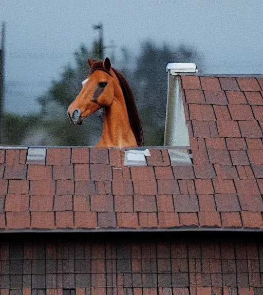 Image similar to low quality photo of a horse on the roof of a house