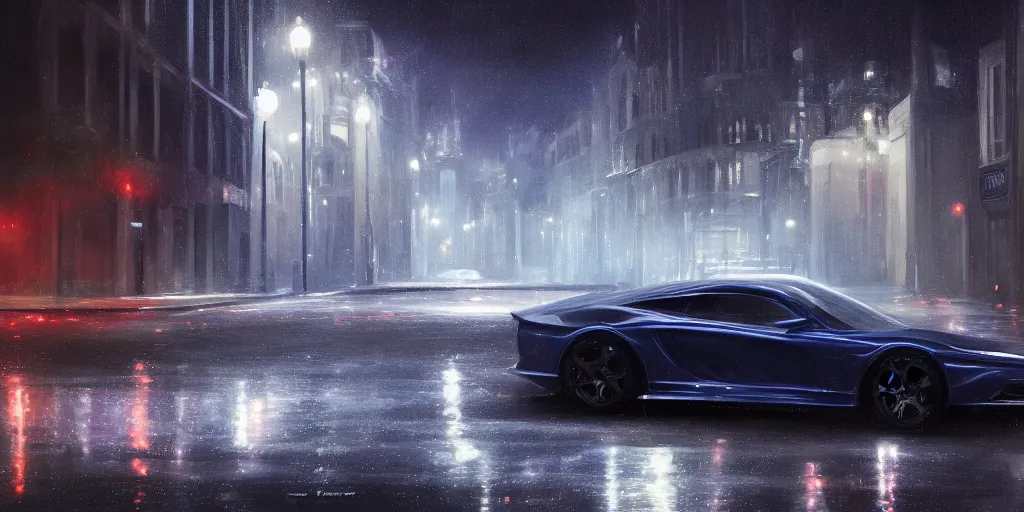 Image similar to full view of a sport car, on wet street at night, painted in dark color holographic pearlescent, elegant, digital painting, concept art, smooth, sharp focus, art style from Wang Ke and Greg Rutkowski and Bruce Kaiser and Scott Robertson and Dmitry Mazurkevich and Doruk Erdem and Jon Sibal