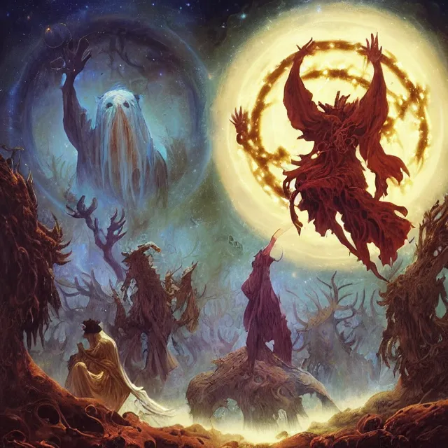Image similar to a circle of druids conjuring the cosmos into existence by greg rutkowski and frank frazetta and peter mohrbacher and william blake and dan mumford