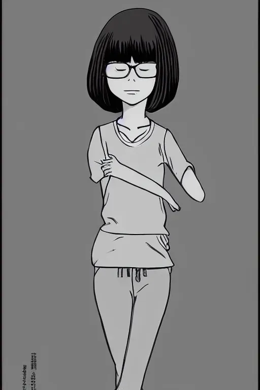 Image similar to portrait of a girl in long pants and a top, hands in pockets, eyes closed, bob haircut, digital art, black and white, clean sketch by junji ito and kaoru mori