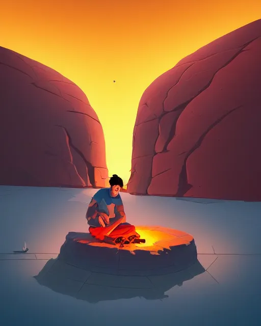 Prompt: man sitting at uluru, medicine drum, night sky, small fire, cosmic sky, behance hd by jesper ejsing, by rhads, makoto shinkai and lois van baarle, ilya kuvshinov, rossdraws global illumination radiating a glowing aura global illumination ray tracing hdr render in unreal engine 5