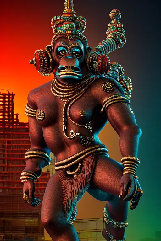 Image similar to high quality 3 d render post - rococo cyberpunk hanuman! head building, neon madhubani, open mouth, highly detailed, in sci - fi mumbai, cinematic smooth unreal engine, lee madgwick & liam wong, dramatic light, low angle, uhd 8 k, sharp focus