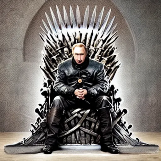 Image similar to “Putin sitting on the iron throne award winning, 4k realistic Photograph, face highly detailed”