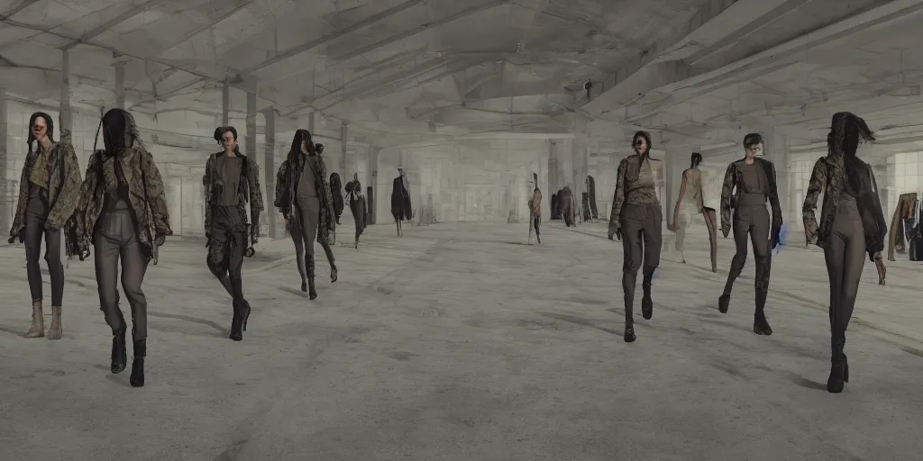 Prompt: Fashion Catwalk inside military base, dystopian photography, High Quality Rendering, Octane, Redshift, 8k
