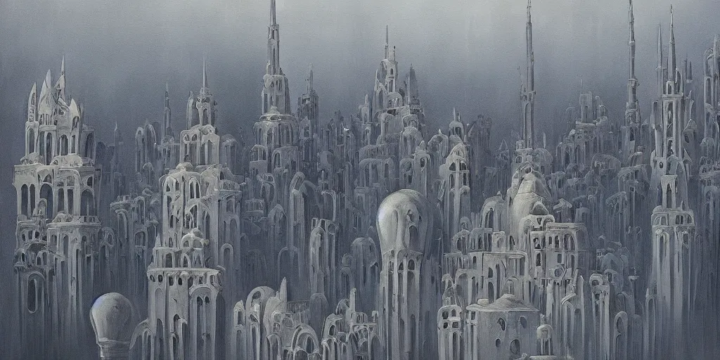 Prompt: a beautiful painting of islamic architecture, city landscape, islamic architecture, louis kahn, fantasy, futuristic, by yves tanguy, trending on artstation