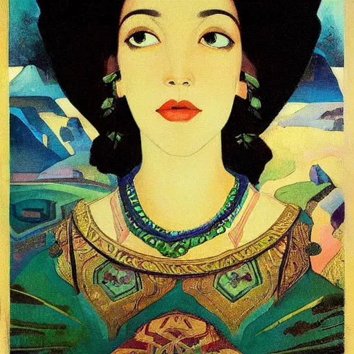 Image similar to a naturalist beautiful beautiful gorgeous vintage painting of a portrait of a queen with dark curly hair and fair pale skin on a throne by nicholas roerich by gustave moreau, by eyvind earle by bruce pennington