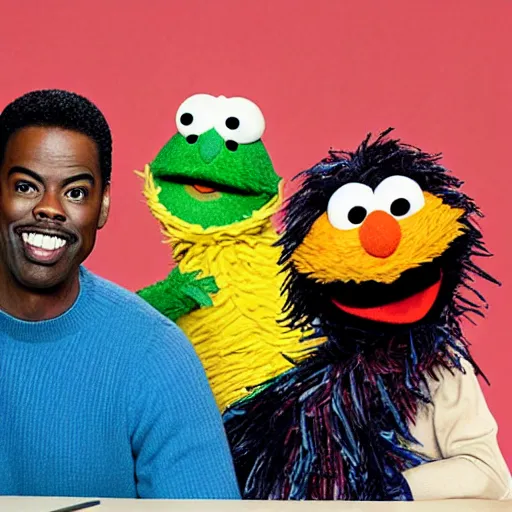 Prompt: chris rock on sesame street, photography, tv show, pbs,