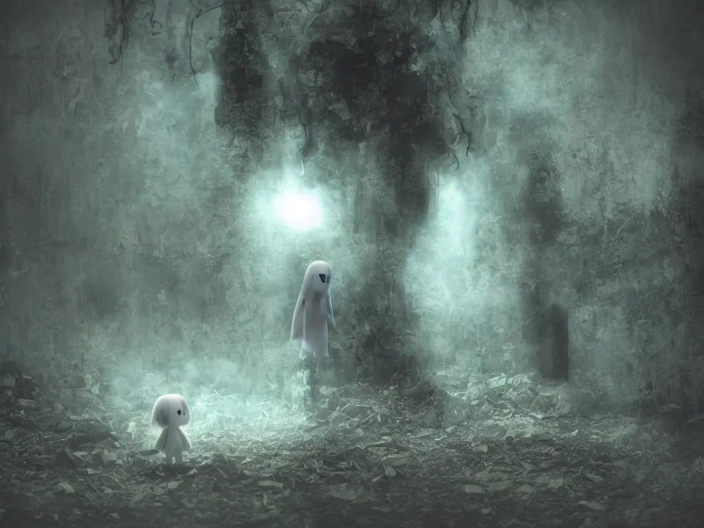 Prompt: cute fumo plush girl ghost lingering in a mysterious concrete organic ruin, technicolor horror, chibi gothic maiden in tattered rags, glowing wisps of hazy green smoke and eerie blue volumetric fog swirling about, lens flare, vray