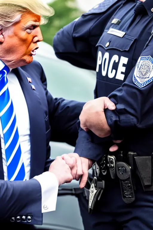 Prompt: donald trump being handcuffed by a police officer front of a police car, real life skin, intricate, high detailed, smooth, sharp focus