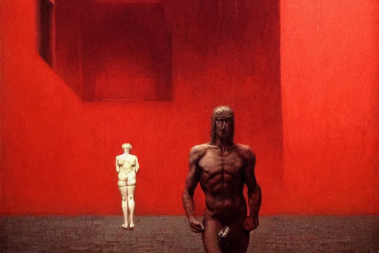 Prompt: only with red, caesar after war, a red tiger, in hoc signo vinces, rome in background, an ancient path, in the style of beksinski, part by hopper, part by rodcenko, part by hofbauer, intricate composition, red by caravaggio, insanely quality, highly detailed, masterpiece, red light, artstation