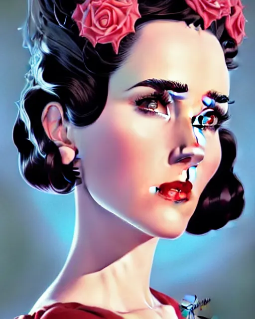 Image similar to a pin up and beautiful fashion charming dreamlke jennifer connelly, symmetrical face symmetrical eyes, character art, art by artgerm lau and wlop and and ilya kuvshinov and john singer sargent, joshua middleton comic art