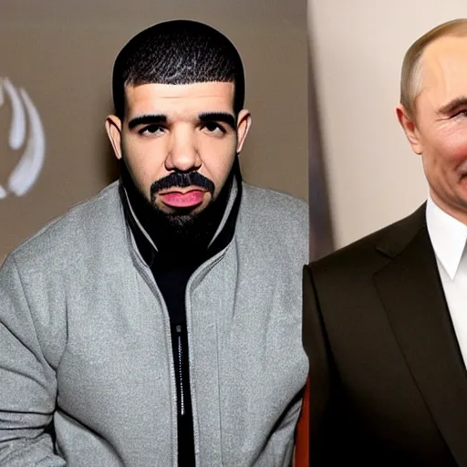 Image similar to drake drinks vodka with vladimir putin