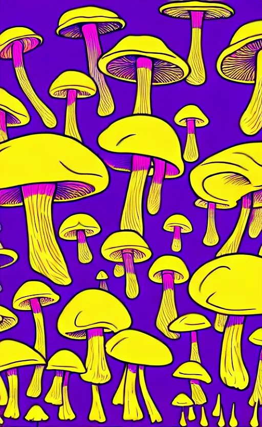 Image similar to psychedelic mushrooms wide angle shot, white background, vector art, illustration by frank frazetta