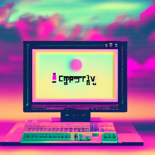 Prompt: A computer from the 90s in the style of vaporwave