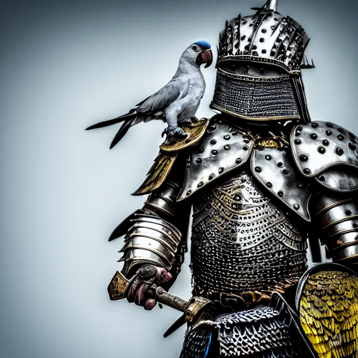 Image similar to photo of a warrior with metal parrot themed armour, highly detailed, 4 k, hdr, smooth, sharp focus, high resolution, award - winning photo