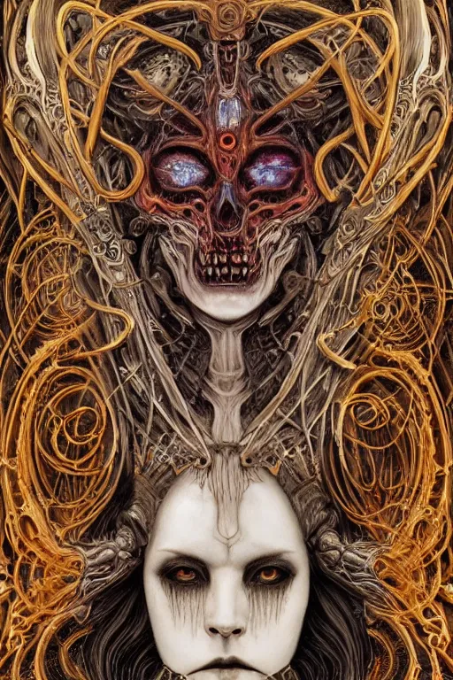 Image similar to Elden Ring and Doom themed painting of majestic chromatic biomechanical anatomical human hybrid beautiful ethereal angel symmetrical neutral mask closeup face tattoo pattern golden ratio concept, Neo-Gothic concept, infinity glyph waves, intricate artwork masterpiece, very coherent artwork, cinematic, full frontal facial features by Artgerm, art by H.R. Giger, Takato Yamamoto, Zdizslaw Beksinski, Johnatan Wayshak, Moebius, Ayami Kojima, very anatomically coherent artwork, trending on cgsociety, ultra high quality model, production quality cinema model, high detail chromatic ink outline, octane render, unreal engine 8k, hyper realism, high detail, octane render, unreal engine, 8k, High contrast