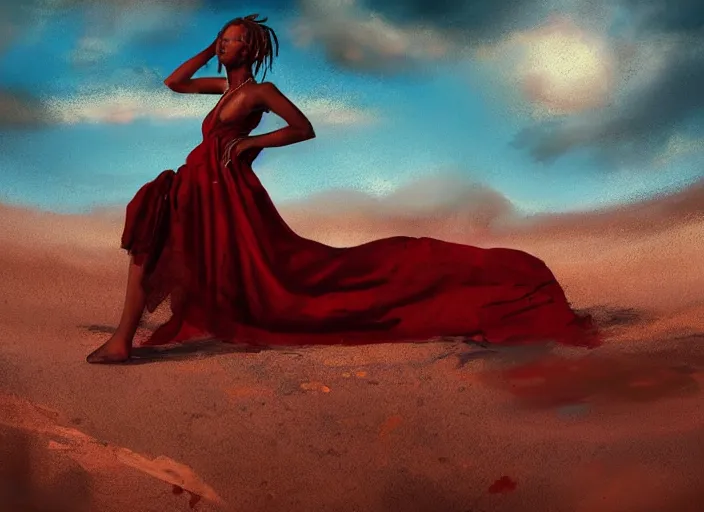 Image similar to desert landscape, portrait painting beautiful realism, an african girl with red hair, wear gowns, who was sprawled out was about to rise, his face covered in blood. cinematic scene, good lighting, fine art, trending on artstation, smooth draw, sharp focus.