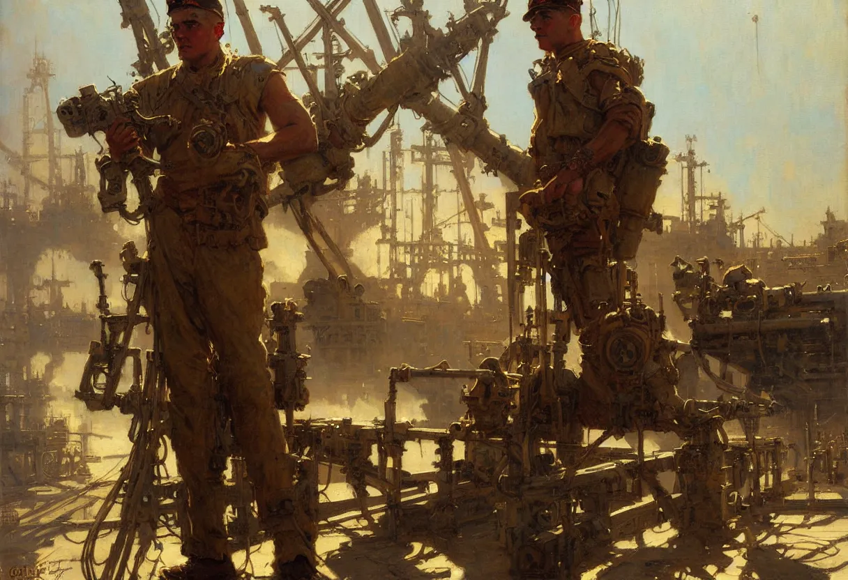 Image similar to us soldier in shipyard dieselpunk painting by gaston bussiere, craig mullins, j. c. leyendecker